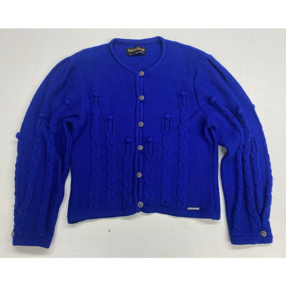 Women Geiger Austria 3D crochet knit wool button up cardigan sweater 34 (small)